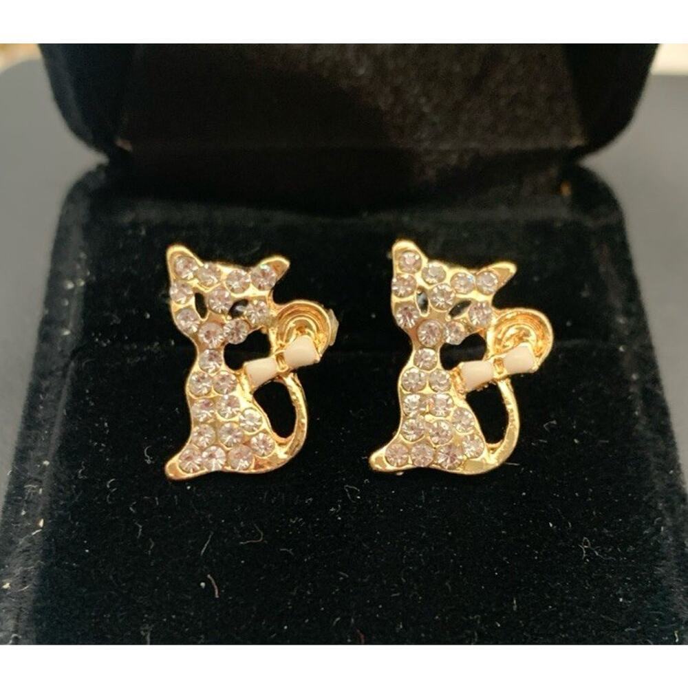 Adorable Gold Tone And Rhinestone Cat Kitten Small Stud Earrings